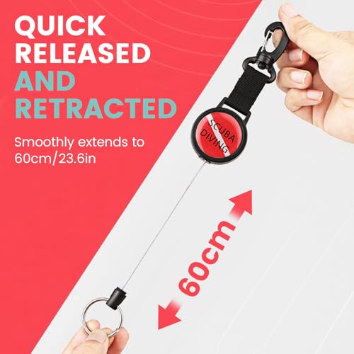 Scuba Diving Retractor, Dive Gear Keeper with 60cm/24'' Retractable Tether | Quick Release Retractor with Swivel Spring Clip, Split Ring for Diving Gauge, Flashlight, Camera, Compass, Whistle, Slate