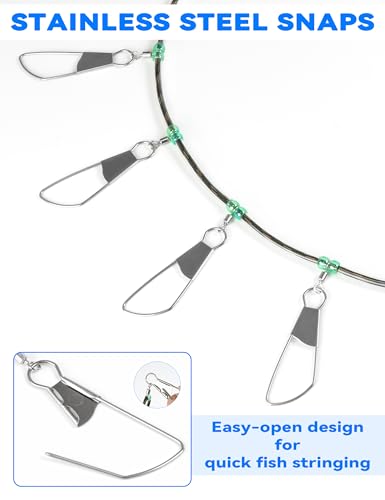 BLUEWING V2 Fishing Stringer Fish Keeper with 10 Stainless Steel Lock Snaps and 8ft Floating Rope - color: Patterned Dark Green