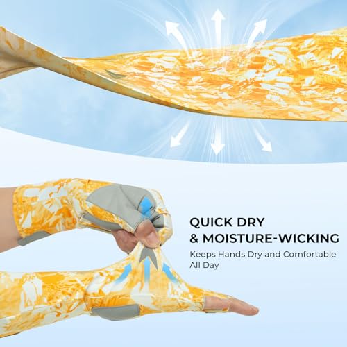 KastKing Agies Fishing Gloves Men, UPF 50+ Sun Gloves UV Protection, Cooling Quick-Dry 3/4 Fingerless Gloves with Extended Cuff, Microfiber Palm & Pull Tabs, for Fishing, Kayaking, Hiking, Hunting - color: X Camo-Mahi, size: Large-X-Large