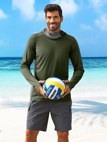 PINSPARK Men's Sun Protection Hoodie with Mask UPF 50+ UV Long Sleeve Shirt Men Rash Guard Performance Fishing Hiking Shirt - color: Army Green, size: Small