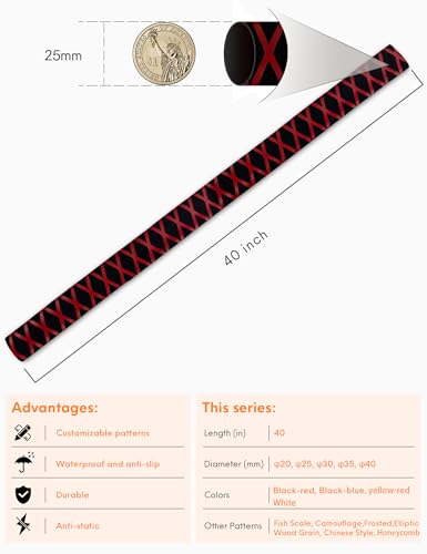 Accering X-Pattern Waterproof Fishing Rod Wrap (φ25mm, Black & Red) | Waterproof, Flexible fishing rod wrap (L3.3ft, Shrink Ratio: 1.8:1) for bare metal handle & golf clubs. - color: Black & Red, size: φ25mm, L3.3ft