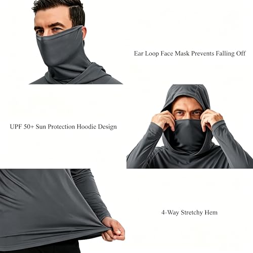 LeeHanTon Men UPF 50+ Sun Protection Hoodie Long Sleeve Shirts Dry-Fit UV Breathable Work Athletic Summer Pullover Sweatshirt - color: A-dkgy-with Mask, size: X-Large