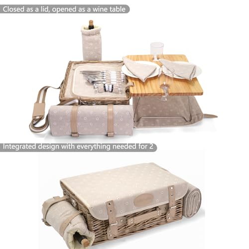Multifunctional Wicker Picnic Basket Set for 2 with Blanket and Picnic Table, Insulated Picnic Set with Full Tablewares for Camping Outdoor Couples, Flowers