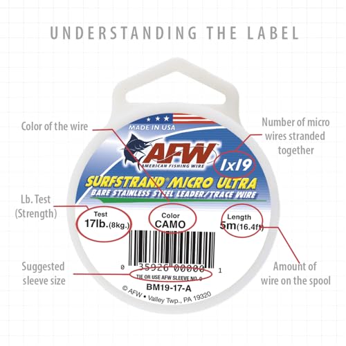 American Fishing Wire Surfstrand Micro Ultra Bare 1x19 Stainless Steel Leader Wire - Fishing Leader Line for Saltwater, 6.6lb Test - 61lb Test, Camo Color, 5m Length - style: 26 Lb / 5 M