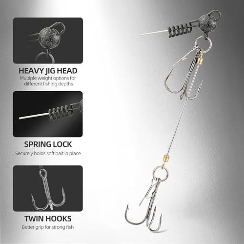 Fishing Rig with Weighted Jig Head and Treble Hook – Screw Lock Bait Keeper for Soft Lures, 3PCS Pack for Saltwater and Freshwater Fishing - size: 1/2oz, style: Double
