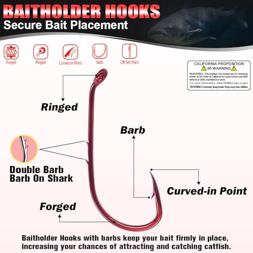 Baitholder Fishing Hooks 100 Pack - Double-Barbed Long Shank for Bluegill Bass Trout Walleye Black/Red, 8/0-#8 - color: 1-Red, size: 3/0 100-Pack