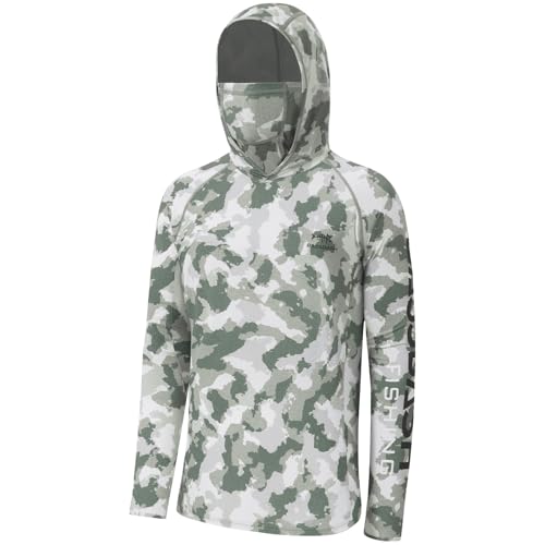 BASSDASH Men’s UPF 50+ Hooded Breathable Camo Shirts with Face Mask Lightweight Neck Gaiter Fishing Hiking Hoodie Shirt FS51M - color: Ash Green Camo, size: 4X-Large