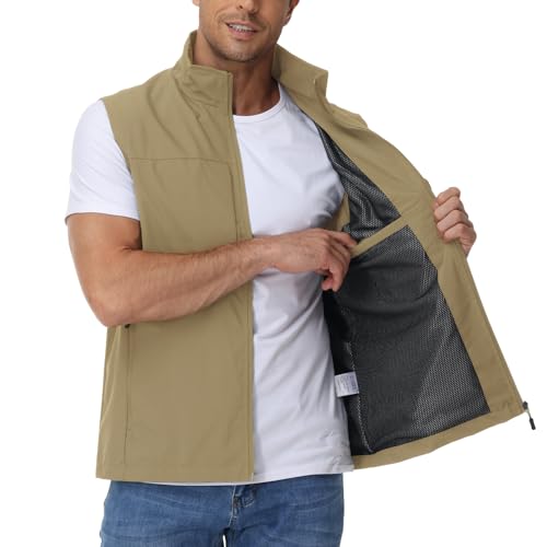 Eisctnd Mens Lightweight Quick Dry Vest Sleeveless Outdwear Utility Jacket | Utility Sleeveless Vest with Multi Pockets, Outerwear Hiking Fishing Photography Camping Travel Outdoor - color: Khaki, size: Large
