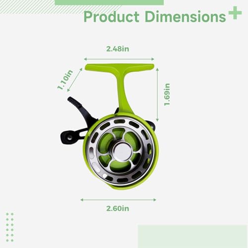 Aluminum Alloy 2.6 in (6.6 Cm) Reel Ice Fishing Inline, Plastic and Metal Construction, High Foot Seat Design, Anti-Slip Handle, 3+1 Bearing, 3.2:1 Gear Ratio, Green, Right-Handed