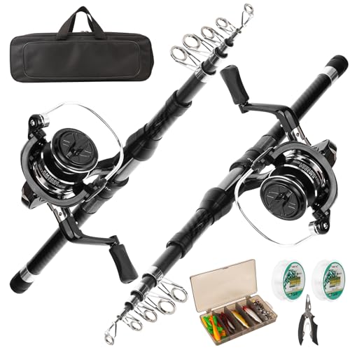 Fishing Rod Reel Combo - 2PCS 6.89ft Telescopic Fishing Poles 2PCS Spinning Reels Lures Set Fishing Pliers with Carrier Bag for Travel Saltwater Freshwater Gift Portable Fishing Pole Kit - color: Black 2