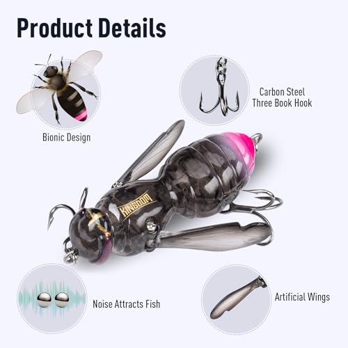 Kingdom Wasp Crawl Bait Insect Bionic Floating Fishing Lures Swimbaits Hard Artificial Baits Lure Freshwater and Saltwater Bass Carp Pike Walleye Fishing ABS Material Carbon Steel Three Book Hook - color: 02, size: 6.6g