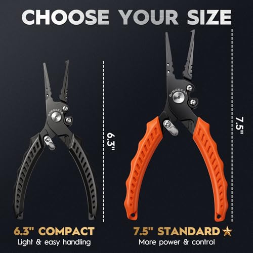 BasicGear Fishing Pliers, 17-4 PH Stainless Steel Saltwater Pliers, Braid Cutter, Split Ring Tool, Corrosion Resistant, One-Hand Operation (6.3" Compact (Light Fishing) - Black) - size: 6.3" Compact (Light Fishing) - Black