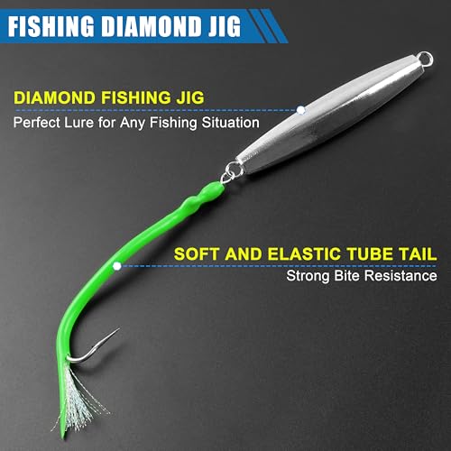Diamond Jig Saltwater Fishing Lures Casting Jigging Spoon with Tube Tail Stainless Steel Hooks Trolling Lures Striped Bass Metal Jig for Deep Sea Surf Fishing Bottom Dragging Sinking - color: Green, size: 5 oz