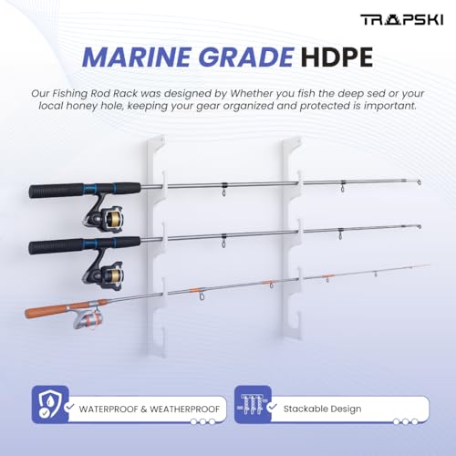 TRAPSKI Made in The USA Fishing Rod/Pole Holder Rack Organizers | Wall or Boat Mounting Fishing Rod Rack | Marine Grade HDPE Plastic | Pole Holder for up to 3 Rods | Stackable - color: H3 White
