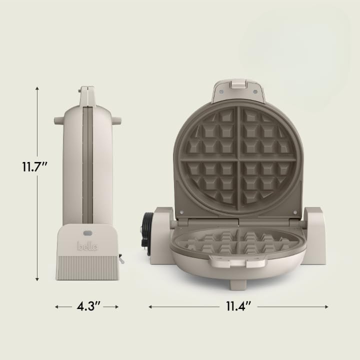 bella Flip-n-Store Waffle Maker with EverGood™ Ceramic Nonstick Coating, Fits-anywhere™ Kitchenware, Power Indicator Light, Cool Touch Handle & Cord Wrap, 7” Wide & 1" Deep Plates, 1000 Watt, Oatmilk