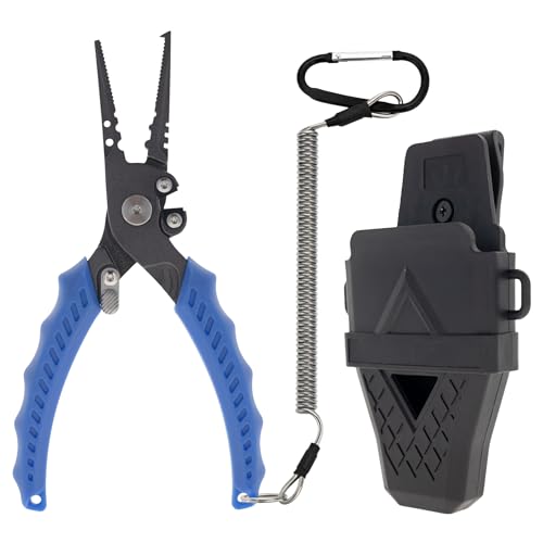 Reaction Tackle Fishing Pliers, Stainless Steel Saltwater Pliers with Braid Cutter, Hook Remover and Crimper, PTFE Coated Coated with Sheath and Lanyard - size: 7" Split Ring