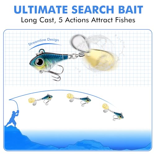 TRUSCEND Vibespinner Easy Catch Fishing Lures with BKK Hooks, Tail Spinner Baits with 4 Actions, Vibrating Swimming Flashing & Jigging for More Bites, Spoon Lures for Bass Trout Crappie Walleye Pike - color: A2-3/8oz-10.5g