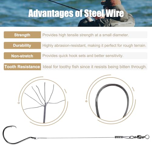 Circle Hooks Rigs, 15pcs Fishing Leader Rigs with Steel Leader Wire and Circle Hooks 1/0 2/0 3/0 4/0 5/0 6/0 7/0 8/0 9/0 10/0 for Bass, Catfish Fishing - size: 1/0