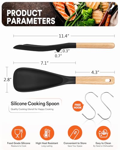 Cooking Spoon for Nonstick Cookwares, Great for Cooking and Serving Sturdy BPA-Free Matte Silicone, Wood Handle Spoon for Mixing, Scoop, and Scrape (Black & Grey, 11.4 inch)