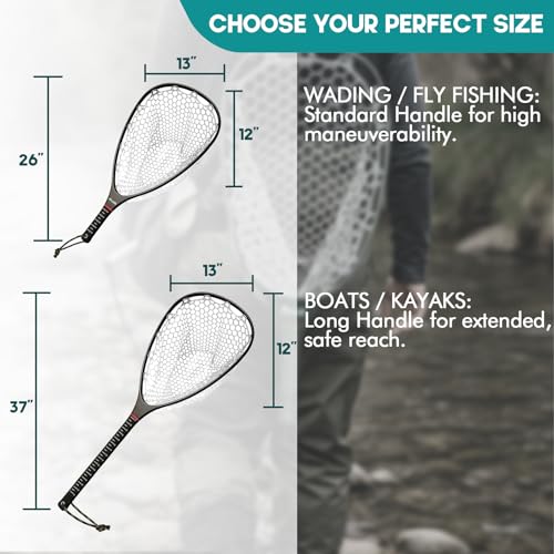 Riverruns Fly Fishing Landing Net Carbon Fiber Trout Net with Measurement Handle, Soft Rubber Mesh - 26" Standard (Wading) / 37" Long (Kayak) - color: 26" Wading Net (Standard) - Black Carbon