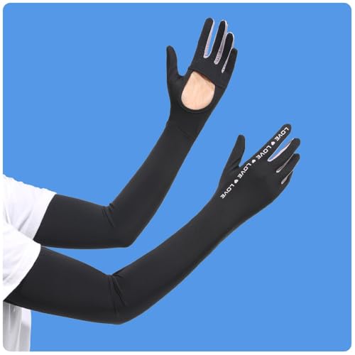2 Pairs UV Protection Gloves Full Arm Sunblock Gloves with Ventilation Holes, Summer Sun Protection Gloves for Driving - color: Black White