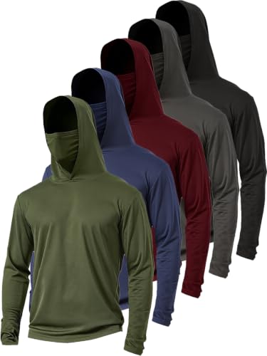 5 Pack Mens Hoodie Shirts with Face Mask Sun Protection Lightweight Quick Dry Rash Guard for Outdoor Fishing Active Wear - color: A-seta (5-pack), size: X-Large