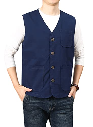 PRIJOUHE Men's Casual Outdoor Cotton Vest Lightweight Breathable Multi-Pocket Fishing Safari Travel Vests Outwear - color: 02-navy, size: XX-Large