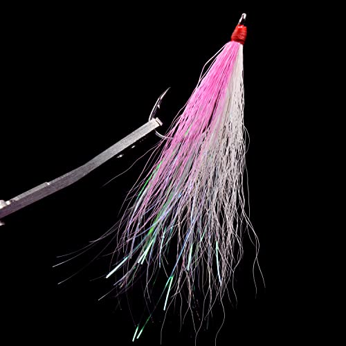 Bucktail Teasers Fishing Hooks Saltwater Flounder Rig Bucktail Mylar Teasers Inserted Fishing Teaser Hooks for Jigs Spoons Lures Hi/Lo Rig Striped Bass Bluefish Flounder Surf Bottom Fishing - color: Black-grey, size: 12pcs
