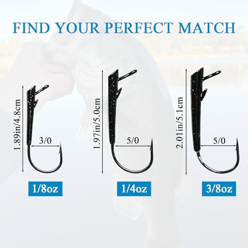 15-Pack Ozark Rig Weedless Jig Heads, 3/0 5/0 Texas Rig Hooks, Saltwater & Freshwater Fishing Hooks, 1/8oz, 1/4oz, 3/8oz Options - size: Assorted-15Pack