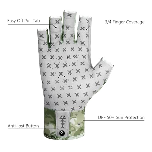 BASSDASH 3/4 Finger UPF 50+ Sun Gloves Breathable Anti-Slip Silicone Palm for Men Women Fishing Fingerless Cycling Running - color: Moss Shadow Camo, size: Small