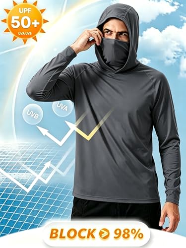 LeeHanTon Men UPF 50+ Sun Protection Hoodie Long Sleeve Shirts Dry-Fit UV Breathable Work Athletic Summer Pullover Sweatshirt - color: A-dkgy-with Mask, size: Large