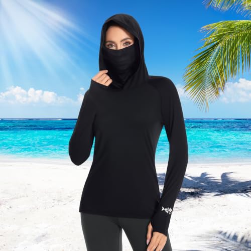 BASSDASH Women’s UPF 50+ Hoodie Shirt with Breathable Face Mask - color: Black, size: Small