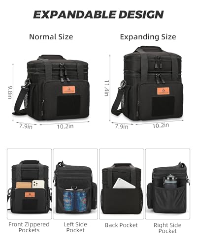 HSHRISH Expandable Large Tactical Lunch Box for Adults, Durable Insulated Lunch Bag with Shoulder Strap, Soft Cooler Bag for Men Work Outdoor Picnic Trips, 20 Can/16 L, Black