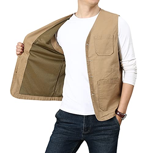 PRIJOUHE Men's Casual Outdoor Cotton Vest Lightweight Breathable Multi-Pocket Fishing Safari Travel Vests Outwear - color: 02-khaki, size: Small