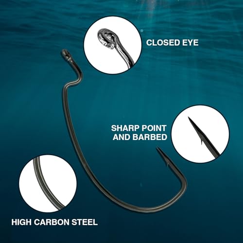 Reaction Tackle Offset EWG Worm Hooks - Super Strong Wide Gap Texas Rig Hooks for Soft Plastic Baits - High Carbon Steel Bass Fishing Hooks (25-Pack) - size: #1/0
