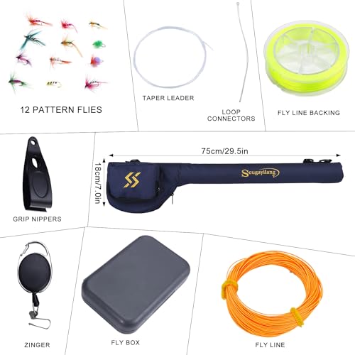 Sougayilang 5/6 Weight 9ft Fly Rod, 4-Piece Graphite Rod, Die Cast Aluminum Reel, Carrying Case, Fly Box & Fishing Flies Combo Starter Kit - color: Fly Fishing Combo #8-Green