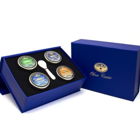 OLMA Classic Caviar Black Caviar Gift Box - Includes 2 oz of Siberian Osetra Aurora, White Sturgeon, Paddlefish, Hackleback Sturgeon Fish Roe & Mother of Pearl Serving Spoon - Overnight Delivery