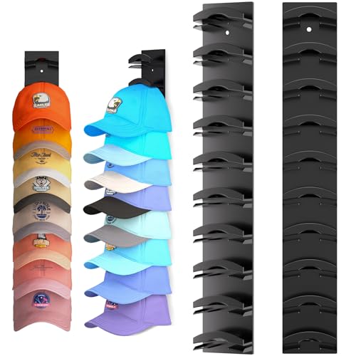 Hat Organizer for Baseball Caps 2Pack, Hat Rack for Wall with Strong Adhesive Hold up to 20 Hats, Hat Hanger Holder Display for Door Closet, Cap Organizer Storage Multilayer Two Mounting Option(Black)