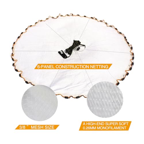 BasicGear Pancake Cast Net – Heavy-Duty 1.0+ lb/ft Weights, 4ft to 12ft Radius, Multiple Mesh Sizes, Pro Grade, Freshwater & Saltwater - size: 6ft Radius, style: 1.00 Lb, 3/8" Sq Mesh