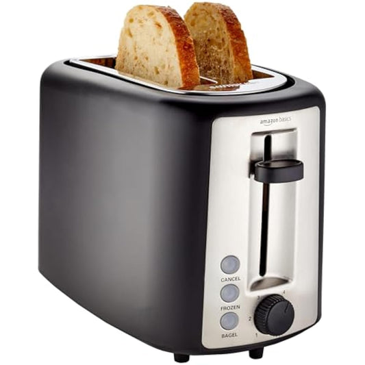 Amazon Basics 2 Slice Toaster, Extra Wide Slots for Bagels, 6 Browning Settings, Removable Crumb Tray, Defrost/Cancel/Bagel Buttons, Cord Wrap, 900W, Black & Silver