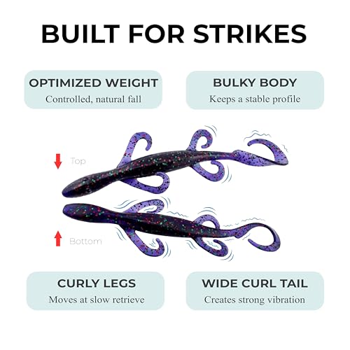 Wild Lizard Soft Lure, 5.5 Inch Scented Creature Bait for Bass Fishing, Active Legs & Tail, Dense Salt Body for Natural Sink, Ideal for Texas & Carolina Rig, 10-Pack - color: Pumpkin Brown