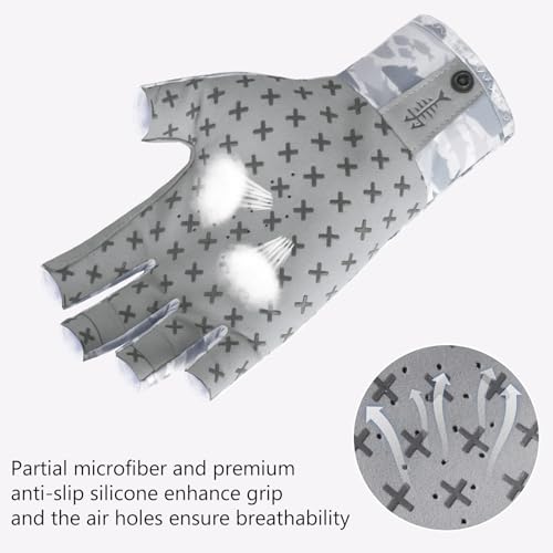 BASSDASH 3/4 Finger UPF 50+ Sun Gloves Breathable Anti-Slip Silicone Palm for Men Women Fishing Fingerless Cycling Running - color: Grey Fishes, size: Medium