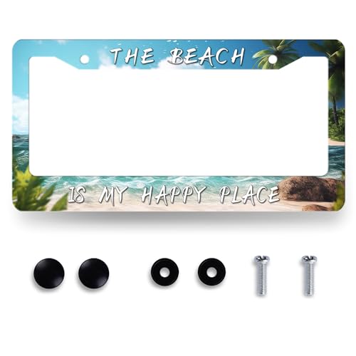 The Beach is My Happy Place License Plate Frame Beach Palm Tree Hawaii License Plate Stainless Steel Colorful Car Accessory Funny License Plate Decoration Size 12.2" x6.2" with Screws - color: The Beach is My Happy Place