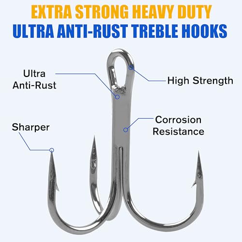 OROOTL Treble Fishing Hooks, 60pcs High Carbon Steel Treble Hooks with Ultra Sharp Barb Corrosion-Resistant Round Bend Triple Hooks for Lures Freshwater Saltwater - size: Size 2#, Pack of 60