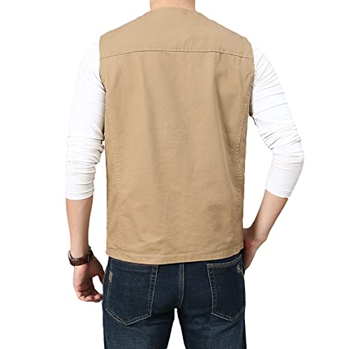 PRIJOUHE Men's Casual Outdoor Cotton Vest Lightweight Breathable Multi-Pocket Fishing Safari Travel Vests Outwear - color: 02-khaki, size: Small