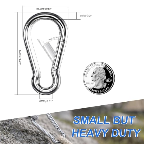 Small Carabiner Clip, 20PCS 1.97 inch 304 Stainless Steel Heavy Duty Carabiners, Metal Spring Snap Hook Clips for Outdoor Travel Camping Fishing Hanging Key Chain - size: M5-1.97'', style: 20PCS