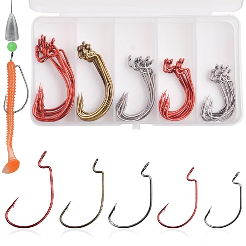 Bass Fishing Hooks Kit, 50pcs 2X Strong Offset Ewg Worm Hooks for Bass Fishing Trout Soft Bait Jig Texas Rig Saltwater Freshwater Size 1/0-5/0