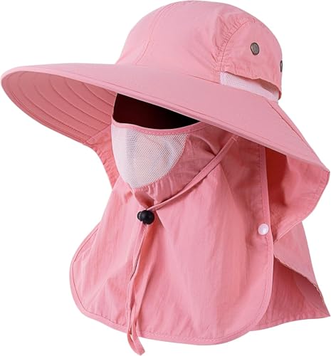 Mens Women Fishing Hat UPF 50+ Wide Brim Sun Hat with Face Cover & Neck Flap - color: Pink