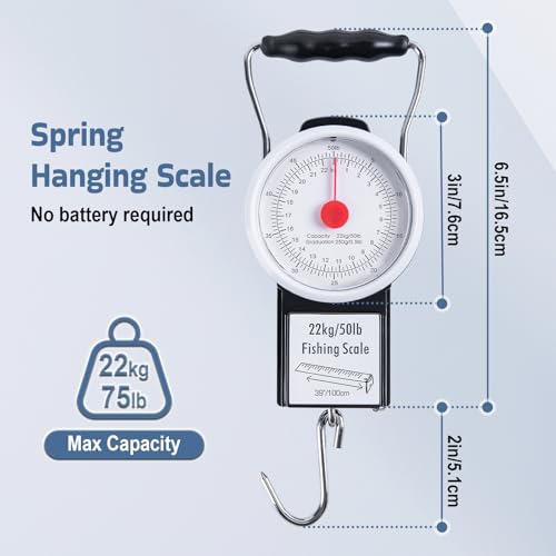 Goture 2Pcs Fishing Hanging Scale, Mechanical Kitchen and Fish Fishing Scale, Multi-Purpose Portable Hand Held Dial Weight Scale with Tape Measure (50 Lbs / 22Kg) - color: 2Pcs Fishing Scales