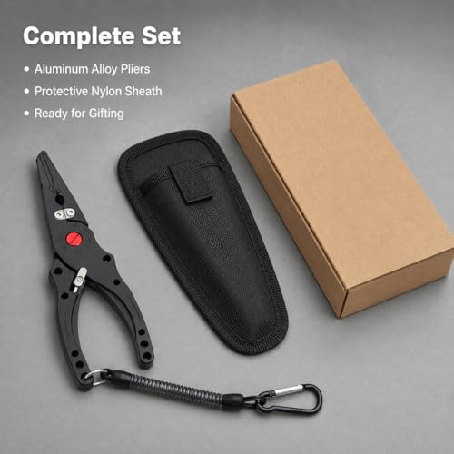 Aluminum Alloy Fishing Pliers with Cutter, Hook Removal & Split Loop Tool, Nylon Sheath Included, 300g Lightweight, Black - color: Black